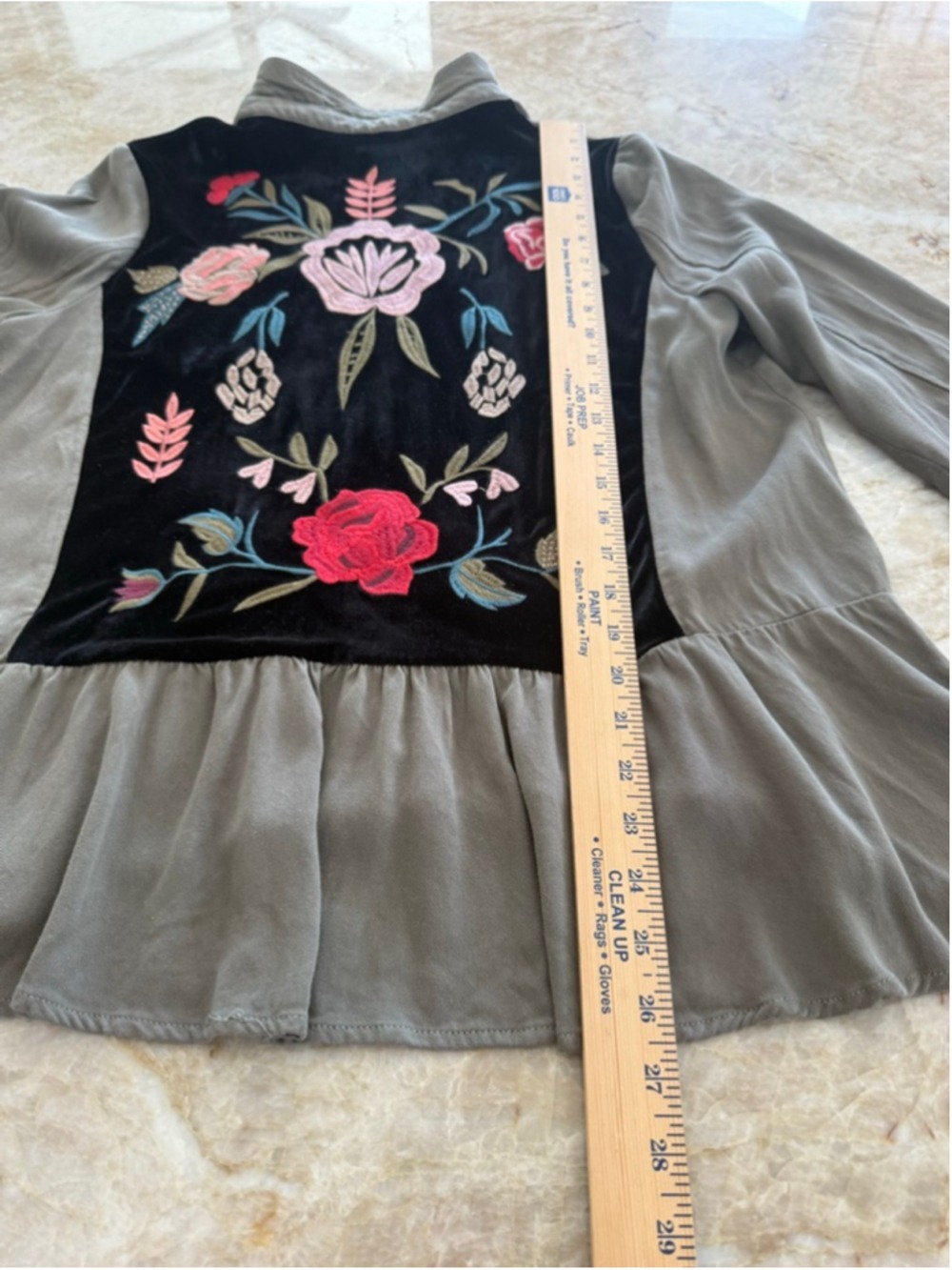 Mystree Button Down Shirt M Olive Green Black Embroidered velvet flowers, ruffle - Picture 4 of 9